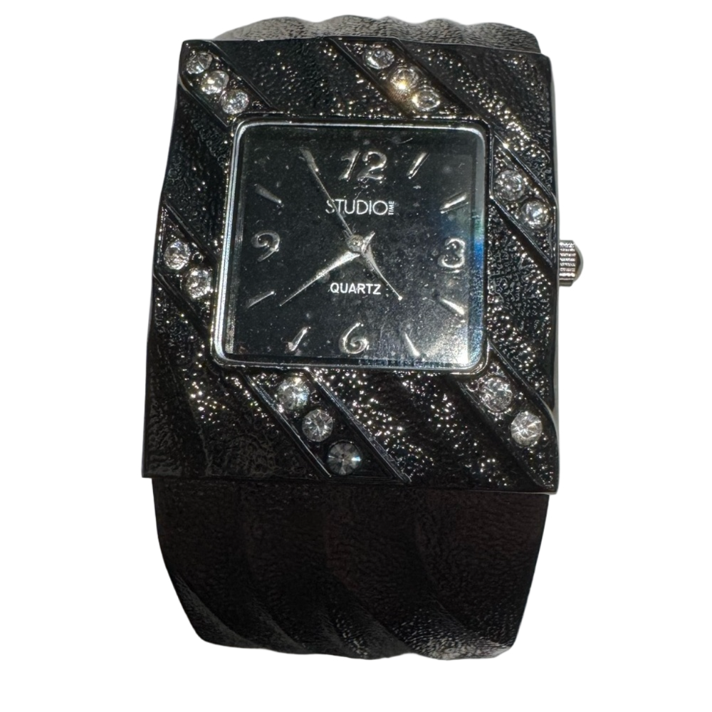 Studio Quartz Black Silver Cuff Watch | Rhinestones Textured Bracelet Band